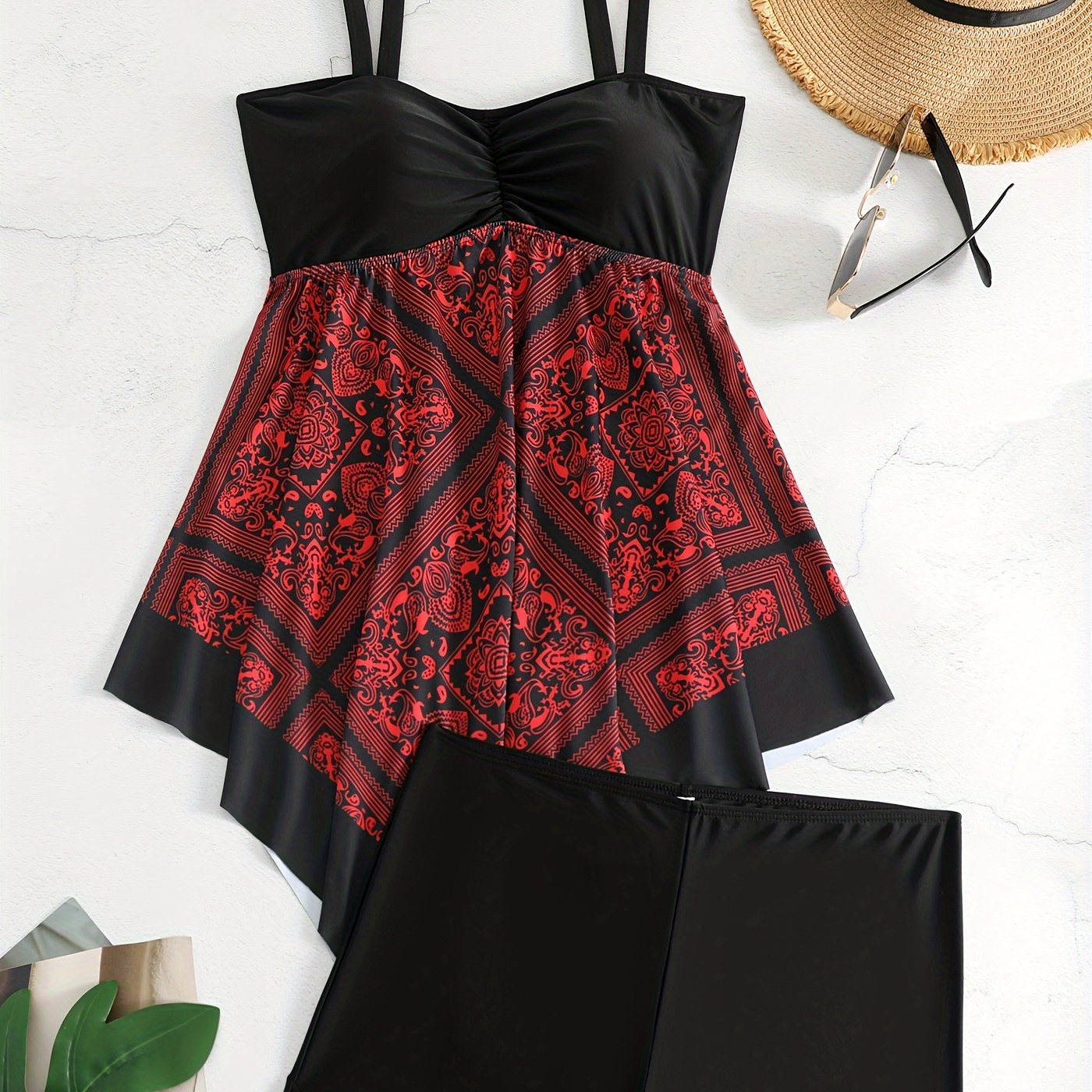 Plus Size Tribal Print One-Piece Swimsuit - Off Shoulder Bandeau Swimwear for Women