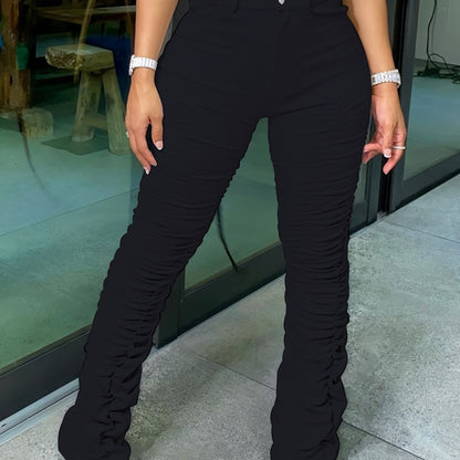 HY5159 Women's High-Waisted Stretchy Ruched Pants - Light Grey Casual Tapered Leggings with 95% Polyester 5% Elastane, Machine Washable All-Season Comfort