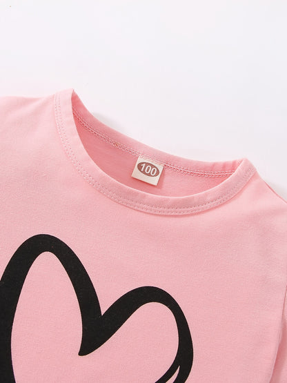 Girls' Fashion Set: Heart Print Round Neck Short Sleeve T-Shirt & Sweatpants 2pcs Casual Cotton Outfit, Perfect for Outdoor