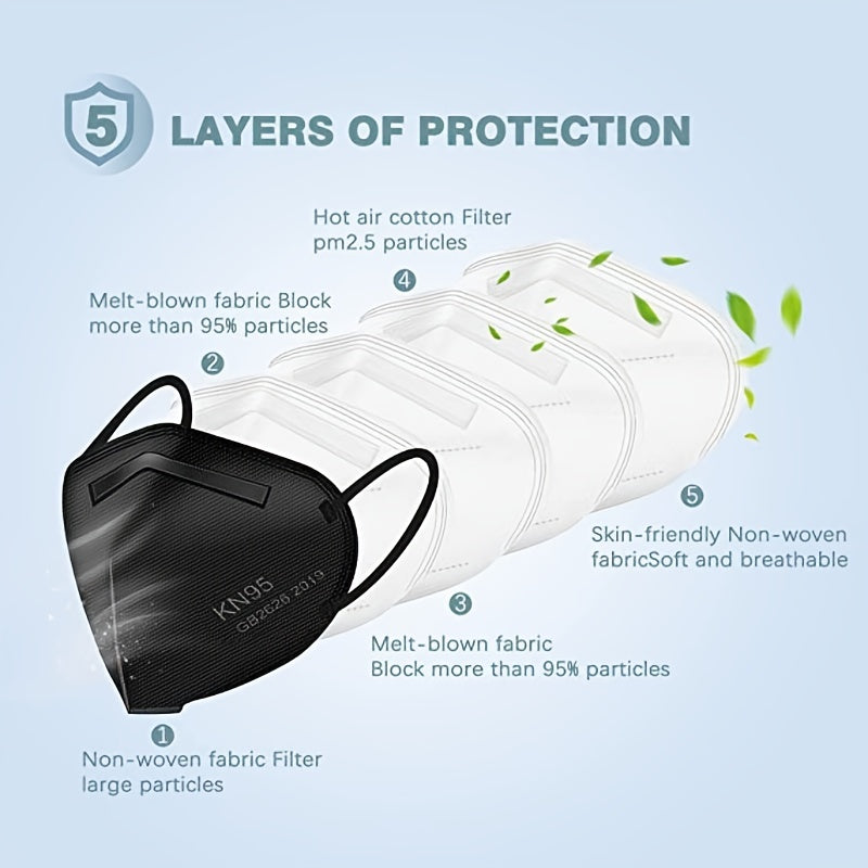 50pcs A Pack KN95 Face Masks, Breathable Comfortabl, Adults Black KN95 Masks, 5-ply Breathable Safety Masks Against PM2.5, Filter Efficiency Over 95%