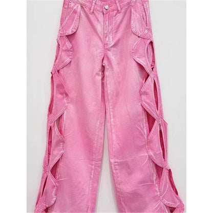 SpringSummer Side-Stranded Braid Ripped Casual Straight-Leg Wide-Leg Denim Jeans