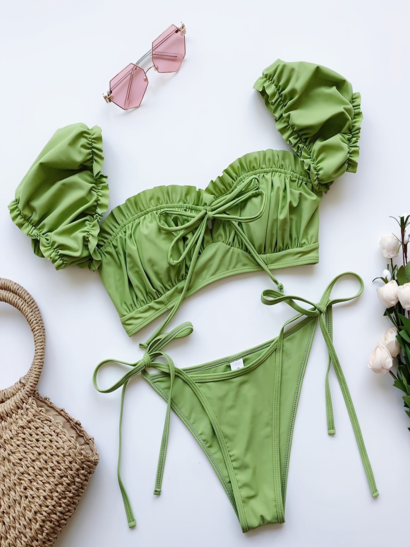 Ruffle Lettuce Trim Ruched Bikini Sets, Tie Side Drawstring High Cut Two Piece Swimsuit, Women's Swimwear & Clothing