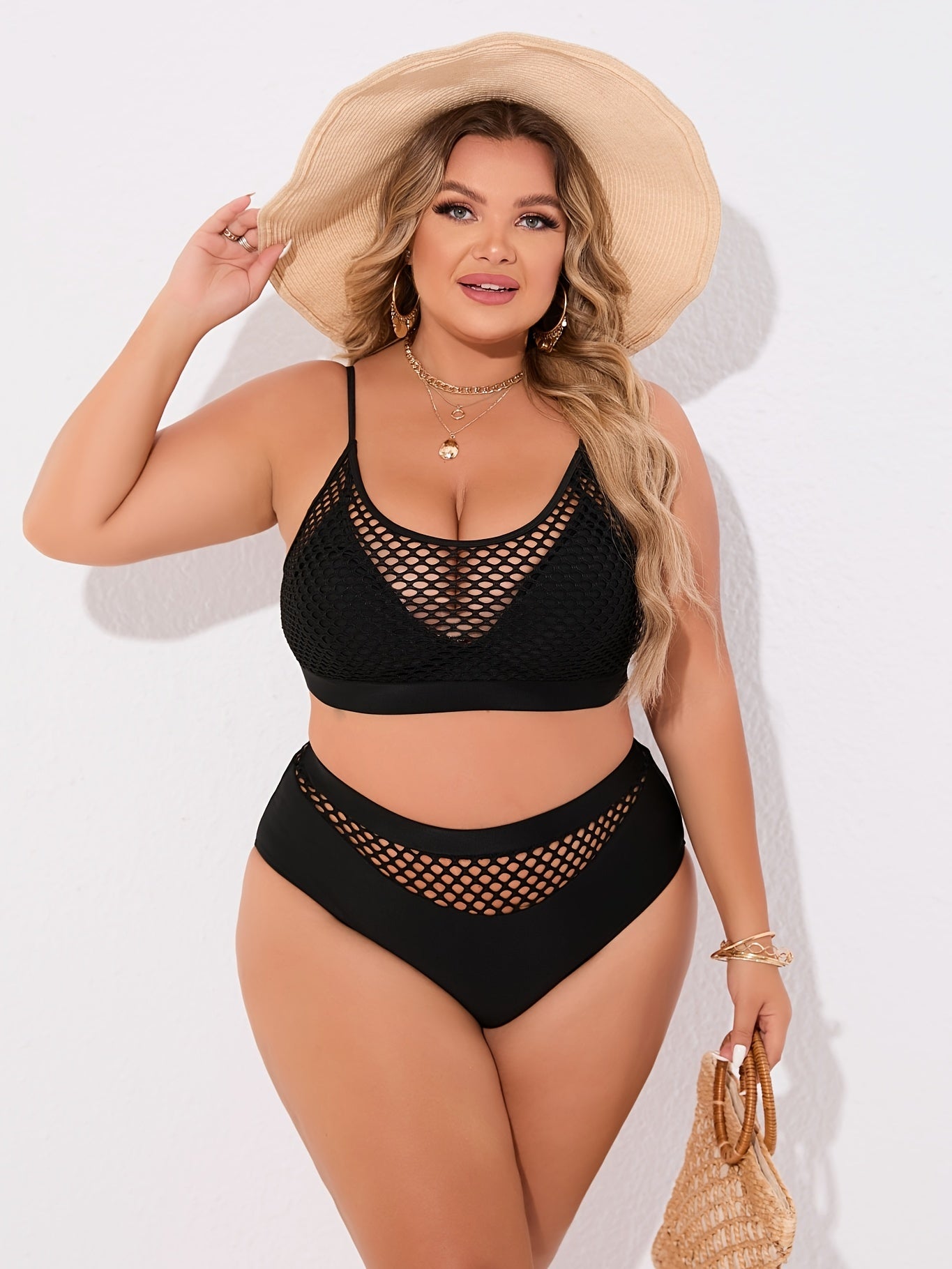 Plus Size Casual Bikini Set, Women's Plus Solid Contrast Fishnet Hollow Out High Stretch Crop Tank Top & Underwear Swimsuit Two Piece Set