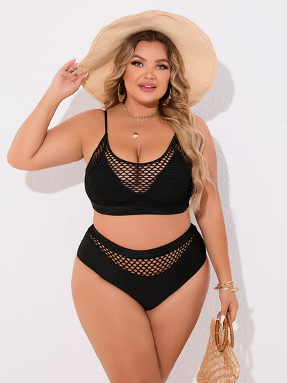 Plus Size Casual Bikini Set, Women's Plus Solid Contrast Fishnet Hollow Out High Stretch Crop Tank Top & Underwear Swimsuit Two Piece Set