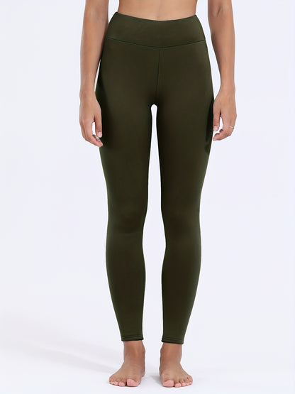 Cozy Fleece-Lined High-Waist Leggings for Women - Stretchy & Warm, Olive Green, Casual Style, Non-See-Through, Solid Color, Perfect for Winter, Machine Washable