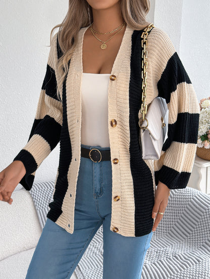 Women Color Block Stripe Bell Sleeve Long Sleeve Cardigan Sweater Coat