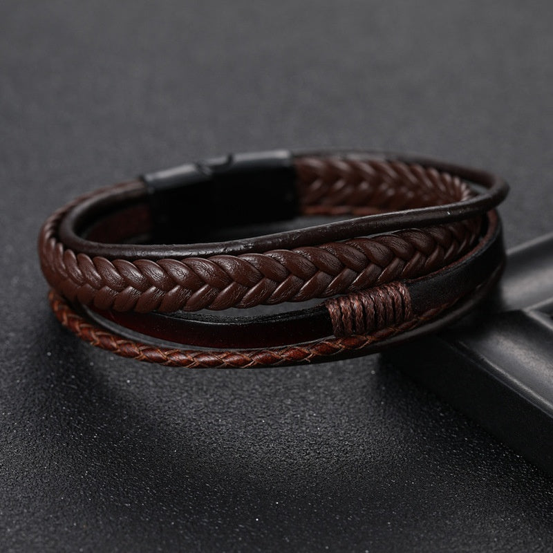 1pc Men's Hand-Woven Multi-Layer Leather Bracelet with Buckle Closure - Stylish Faux Leather Cuff, Durable & Versatile Accessory for Casual or Formal Wear