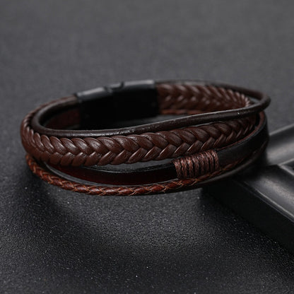 1pc Men's Hand-Woven Multi-Layer Leather Bracelet with Buckle Closure - Stylish Faux Leather Cuff, Durable & Versatile Accessory for Casual or Formal Wear