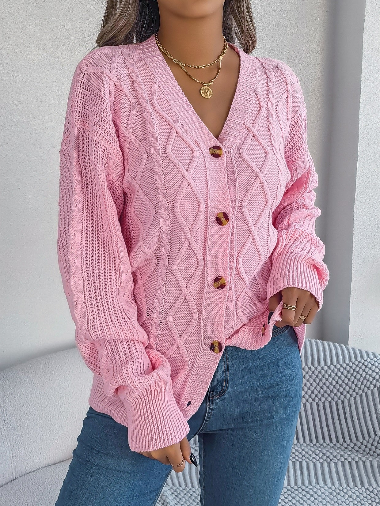 Women Casual V-Neck Lantern Sleeve Cable Knit Button Cardigan Sweater