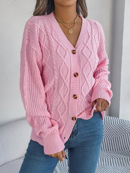 Women Casual V-Neck Lantern Sleeve Cable Knit Button Cardigan Sweater