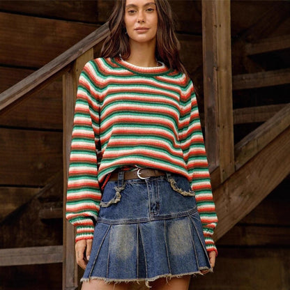 Rainbow-striped Knitted Vintage Crewneck Sweater