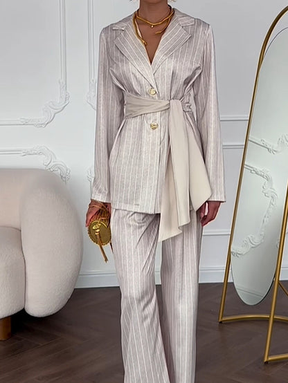 Striped Waist-tie Blazer & Pants Set