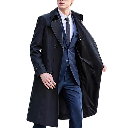 Premium Men's Long Trench Coat - Classic Solid Color Overcoat