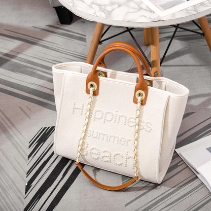 Women's Fashion Large Capacity Pearl Embroidery Canvas Bag