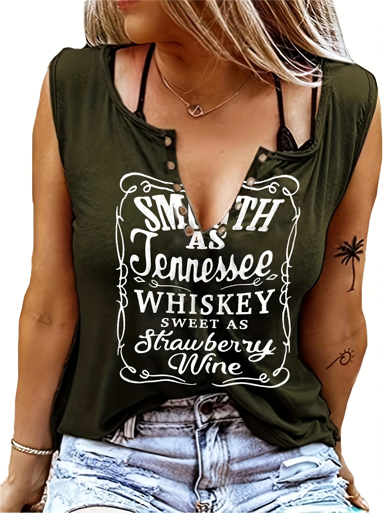 Smooth As Tennessee Whiskey Sweet As Strawberry Wine Women's Tank Top - Soft Pink Sleeveless V-Neck Casual Shirt with Bold Letter Print, Thick Strap Country Music Style, Machine Washable All-Season Wear, Festive Concert Attir
