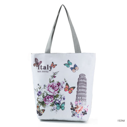 Ink Painting Flower Shoulder Bag Female Printed Flowers Zip Shopping Bag