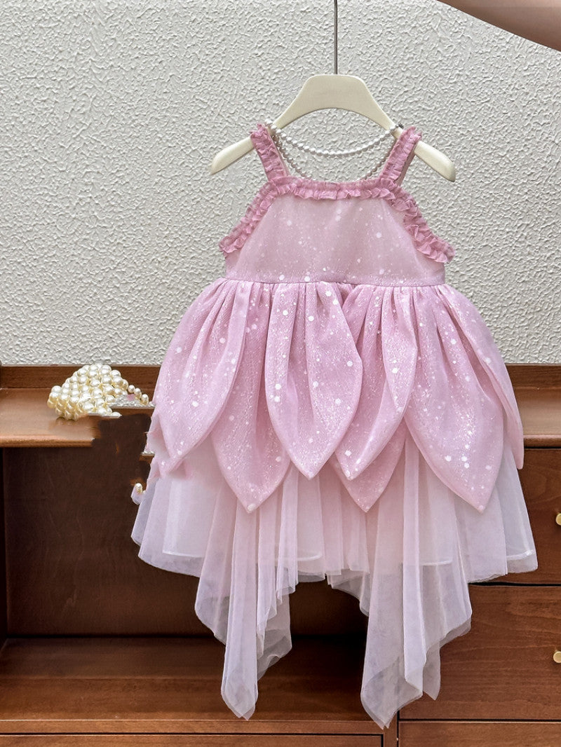 Girl's Summer Flower Strap Dress Children's Super Fairy Petal French High-end Birthday Princess