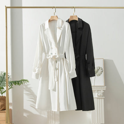 Women's Over-the-Knee Mid-Length Trench Coat with Silk Waist Belt - Elegant Winter Coat