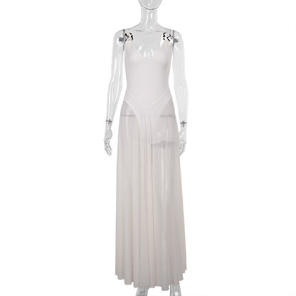 Women's Solid-Color Elegant Resort Bodycon Mesh A-Line Dress