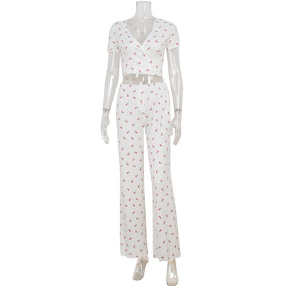 Women's Casual Short-Sleeve Tie-Dye Printed Top And Fashionable Ruffle-Trimmed Pants Set