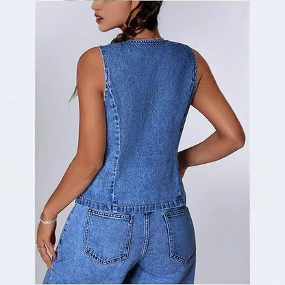 European And American Style Fashionable Slim-Fit Washed Denim Lace-Up Womens Denim Vest