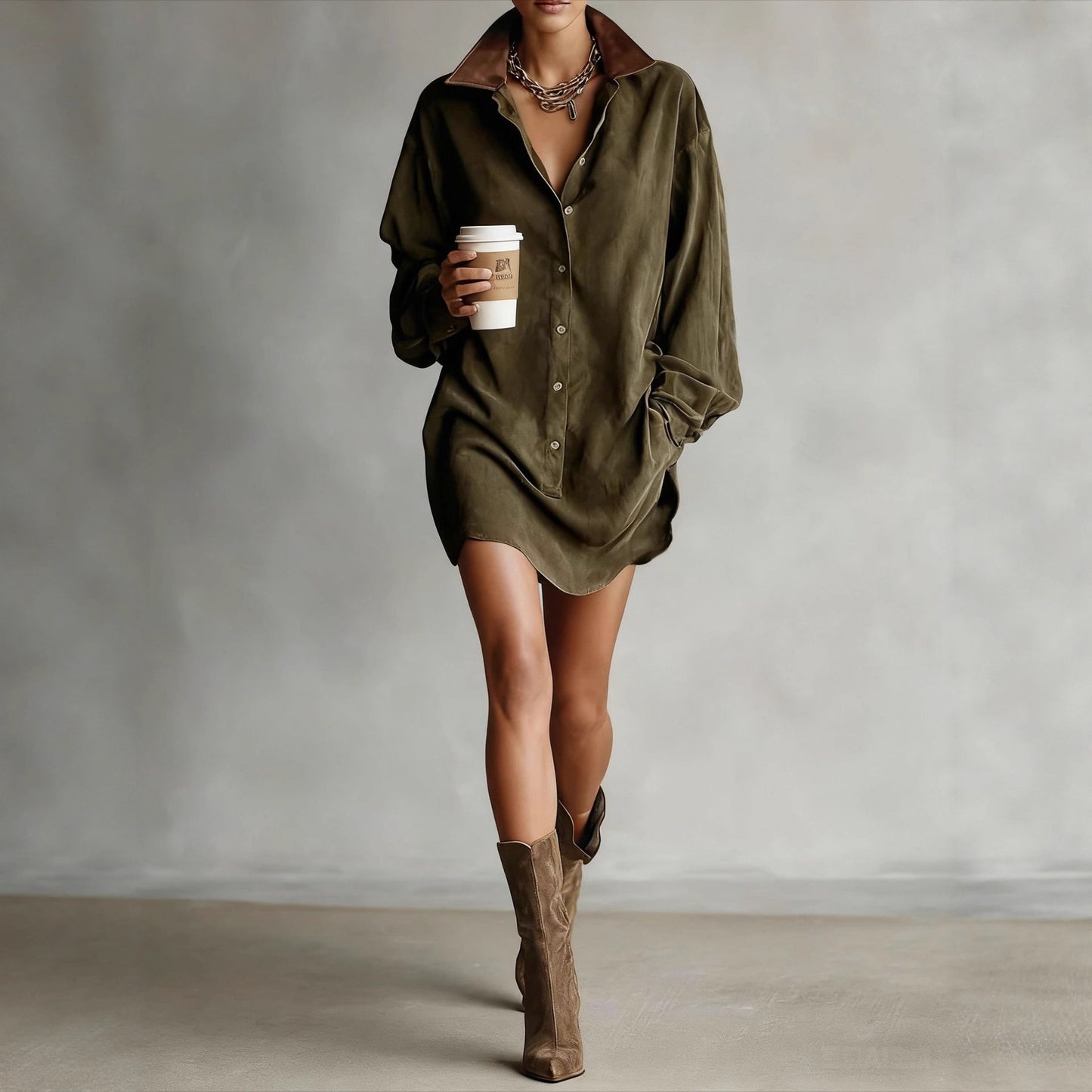 Women's Retro Loose-Fit French-Style Shirt Dress