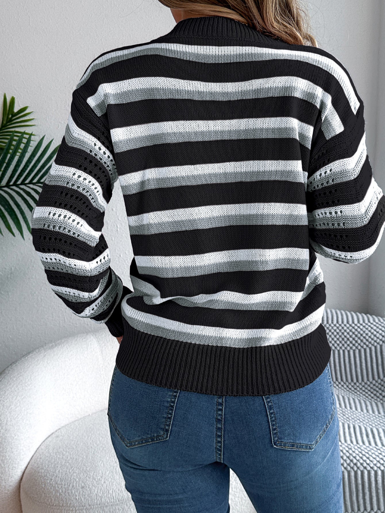 Women Casual Hollow Out Color Block Stripe Lantern Sleeve Pullover Sweater