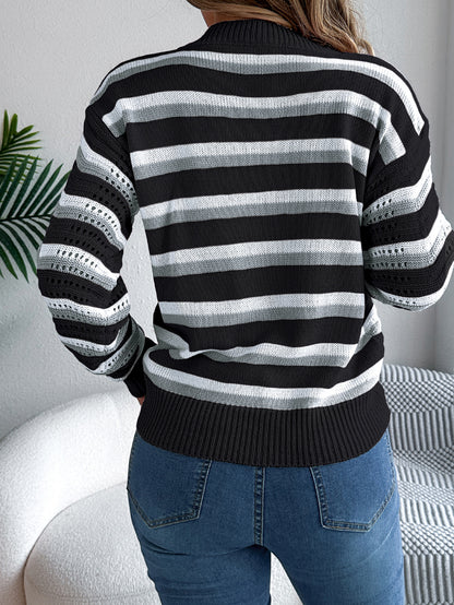 Women Casual Hollow Out Color Block Stripe Lantern Sleeve Pullover Sweater