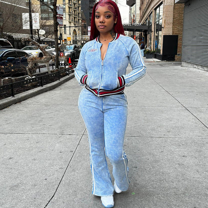 Striped Color-block Long-sleeve Top And Flared-leg Casual Pants Set