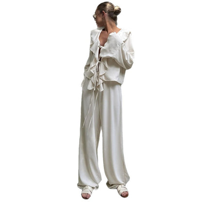 V-neck Ruffled Long-sleeve Shirt And High-waist Wide-leg Pants Two-piece Set