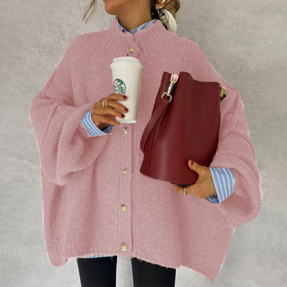 Autumn Winter Solid-Color Casual Knitted Cardigan With Buttons And Oversized Sleeves