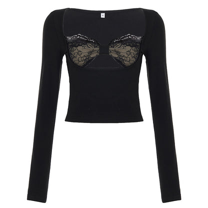 Lace-Panel Fake Two-Piece Hollow-out Long-Sleeve Top For Women