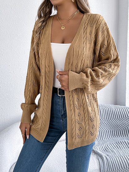 Women Casual Solid Color Hollow Out Long Sleeve Cardigan Sweater Coat