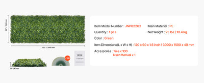 VEVOR Artificial Grass Wall Panels 40/60 x 120in Milan Grass Greenery Boxwood Panel for Outdoor Decor Hedge Screen for Garden