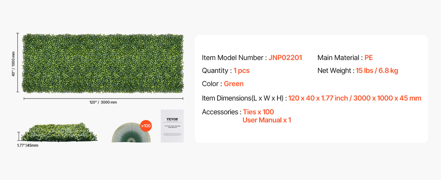 VEVOR Artificial Grass Wall Panels 40/60 x 120in Milan Grass Greenery Boxwood Panel for Outdoor Decor Hedge Screen for Garden