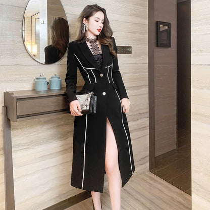 Women's Mid-length Black Trench Coat Over The Knee