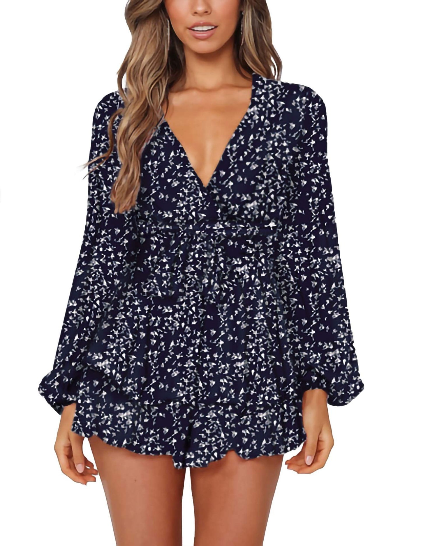 Ladies Polka-dot V-neck Jumpsuits, Long Sleeve Ruffle Hem Romper Playsuit, Casual Every Day Romper, Women's Clothing