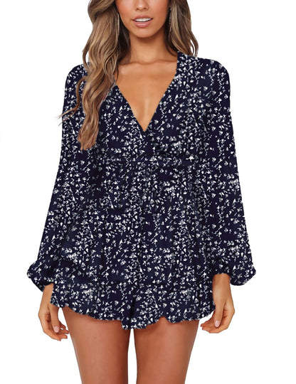 Ladies Polka-dot V-neck Jumpsuits, Long Sleeve Ruffle Hem Romper Playsuit, Casual Every Day Romper, Women's Clothing