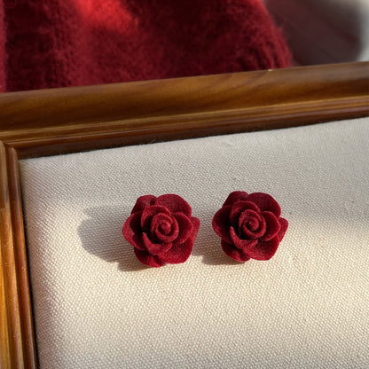 Red Rose Flower Velvet Stud Earrings High-end Retro Ear Decoration Jewelry For Women