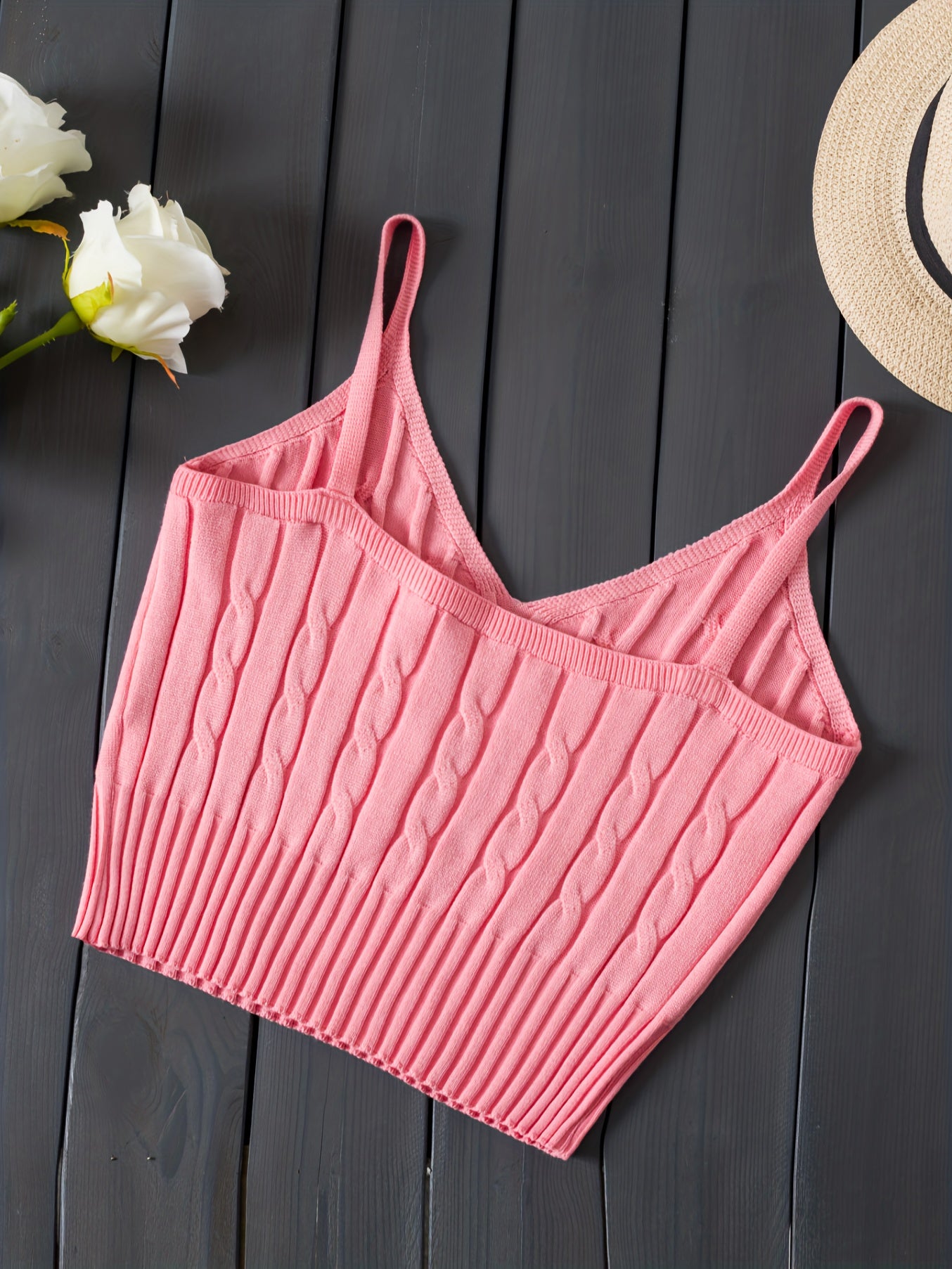 Valentine's Day Knitted Cami Crop Top, Versatile Sleeveless Casual Top For Spring & Summer, Women's Clothing