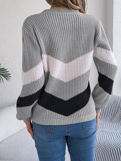 Women Casual Color Block Lantern Sleeve Pullover Sweater