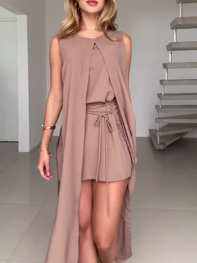 Solid Color Sleeveless Tie Dress