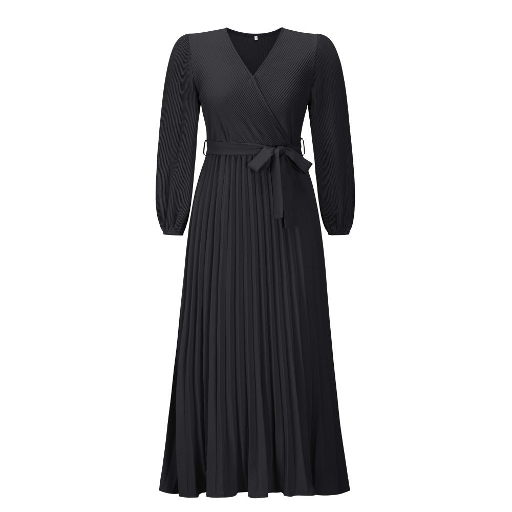 V-neck Long Sleeve Pleated A- Line Mid-length Dress