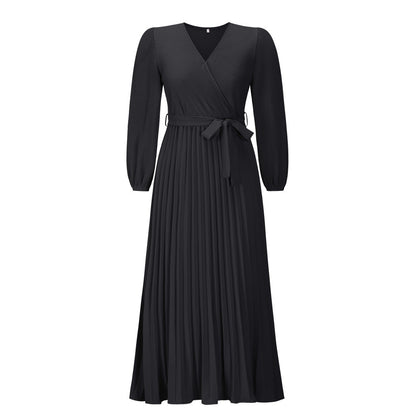 V-neck Long Sleeve Pleated A- Line Mid-length Dress