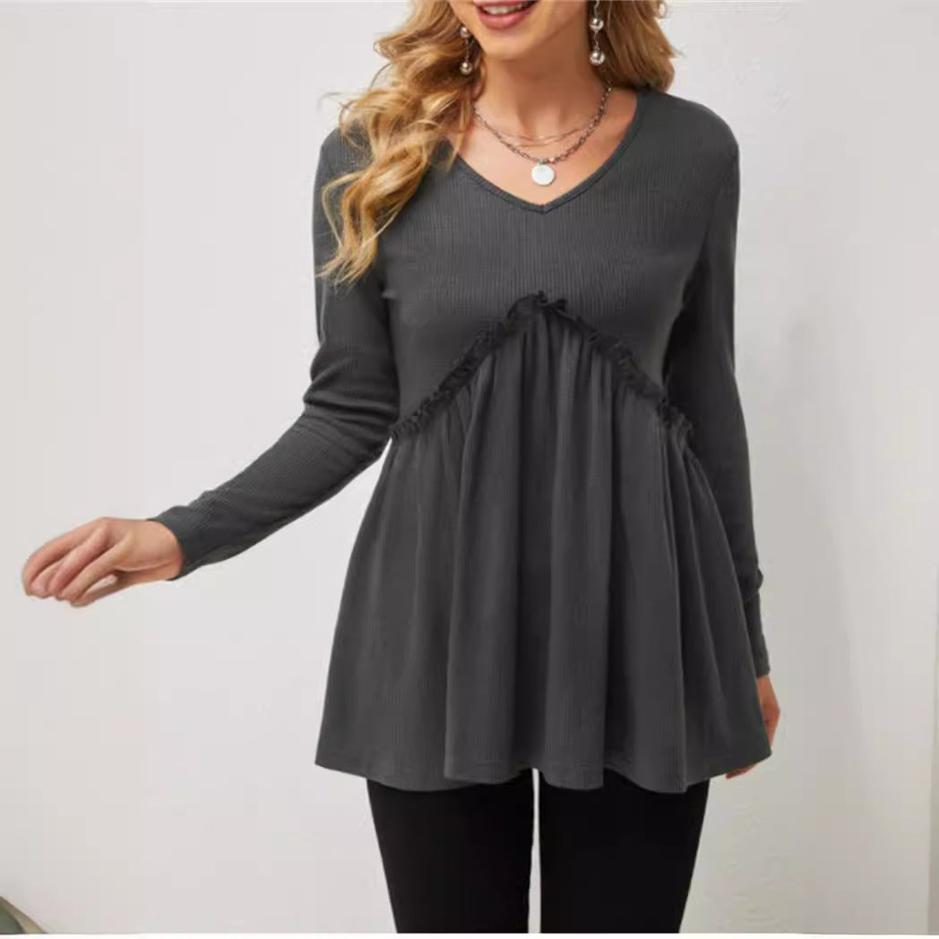 Loose-fit Ruffled Pleated V-neck T-shirt For Women