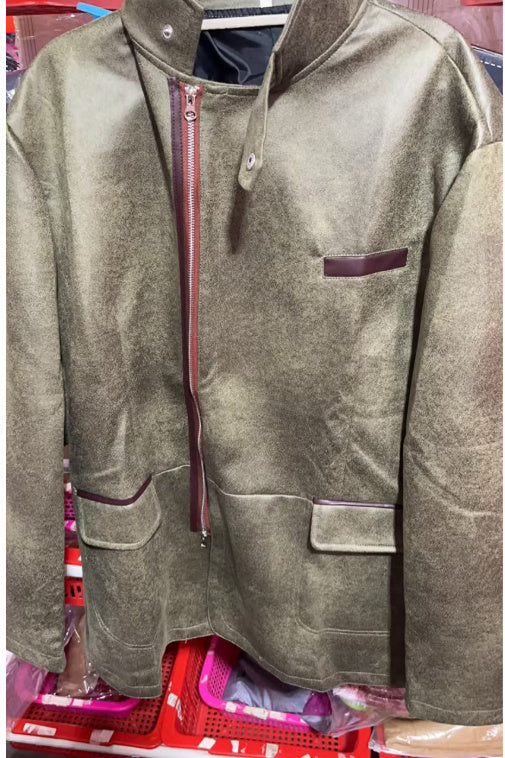 Vintage Jacket Men's Casual Coat Stand Collar Zipper Tooling Patchwork Top