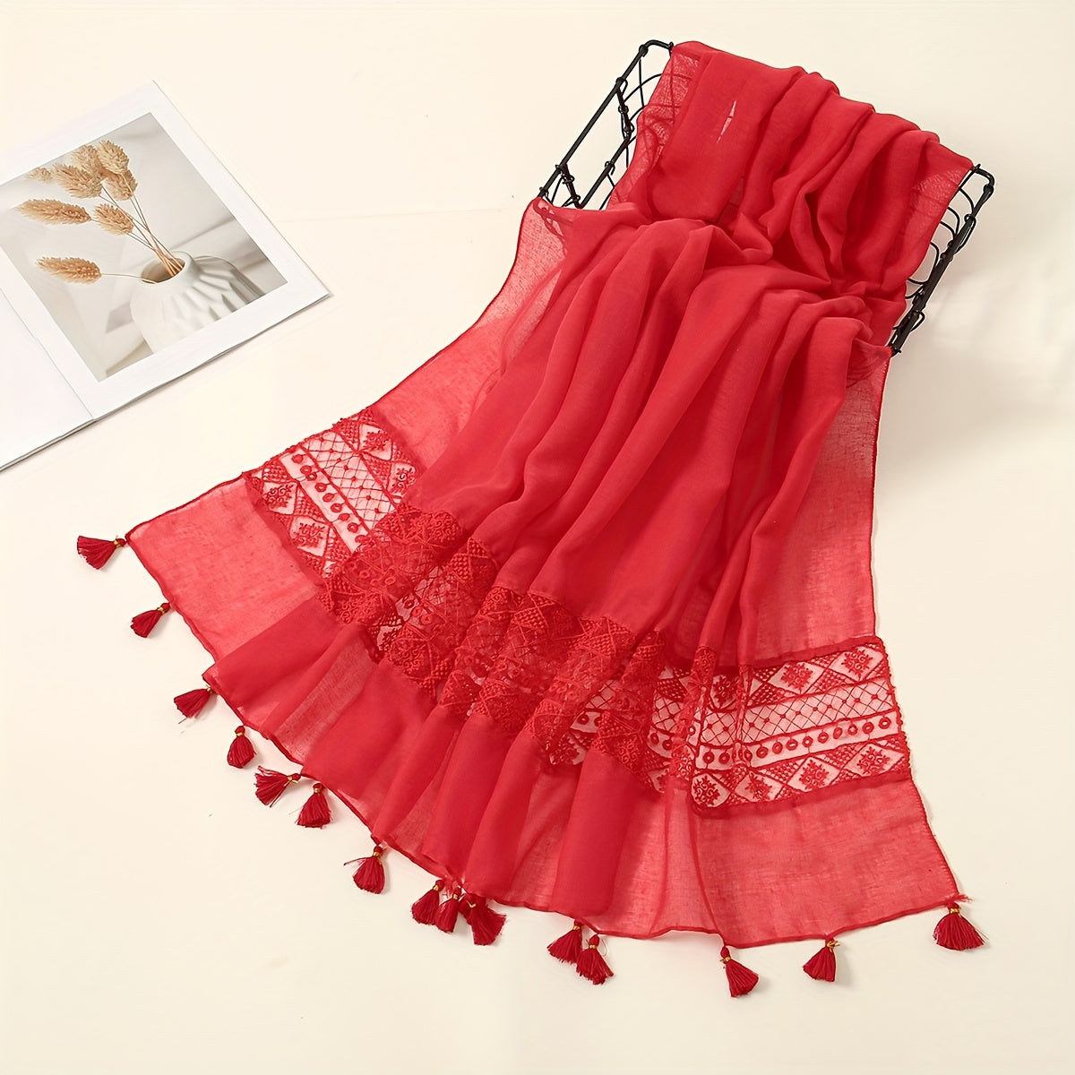 Embroidery Hollow Lace Tassel Scarf Fashion Elegant Casual Cold Weather Scarves Wraps For Women for eid