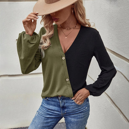 Loose Casual Pocket Patchwork Contrast Color Long Sleeve Women's T-shirt