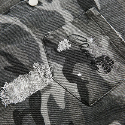 American Retro Loose Heavy Industry Distressed Camouflage Long Sleeve Shirt