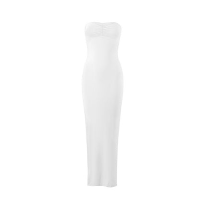 Spicy Girl Style Tube Top Bodycon Side-Slit Long Solid-Color Dress